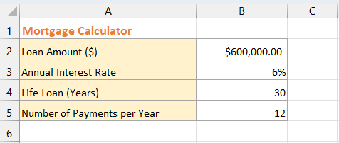 显示用于在 Excel 中计算抵押贷款还款额的输入数据的截图