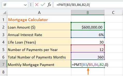 Excel 中使用 PMT 公式计算每月抵押贷款还款额的截图