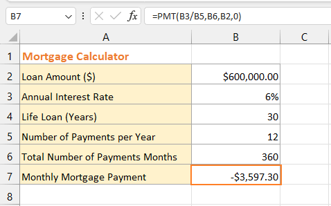 Excel 中每月抵押贷款还款额计算结果的截图