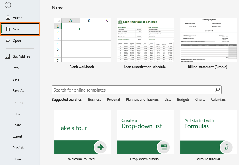 Excel 中“文件 > 新建”部分用于选择模板的截图