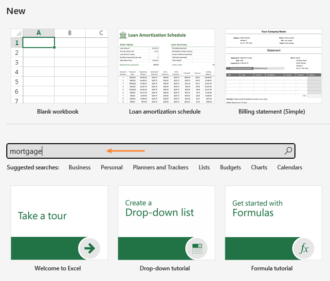 Excel 中用于查找抵押贷款模板的搜索栏截图