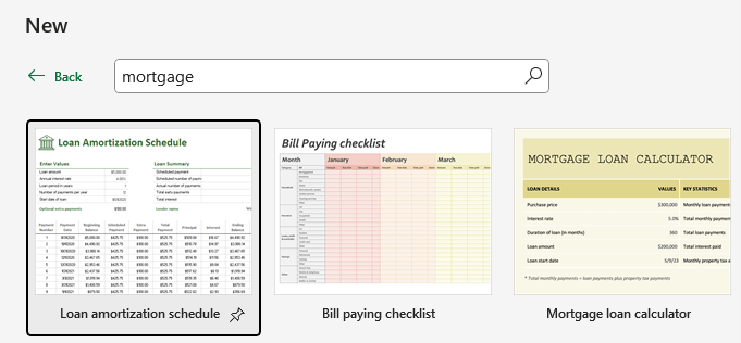 显示 Excel 中可用的抵押贷款模板列表的截图