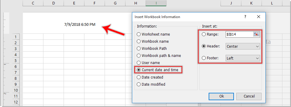 展示在 Excel 中将系统日期和时间插入单元格、页眉或页脚的 Kutools for Excel 功能的截图