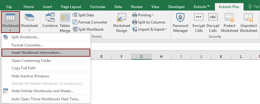 展示 Excel 中 Kutools Plus 选项卡下的“插入工作簿信息”工具的截图