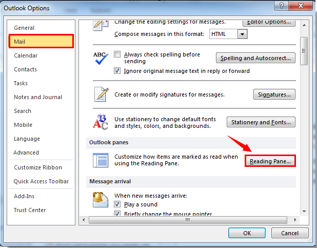 Outlook 2010及更高版本中防止在阅读窗格中邮件被标记为已读步骤的截图 2