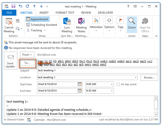 关于仅向一个（新）与会者发送会议更新的步骤在 Outlook 中的屏幕截图 1