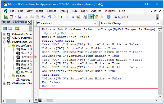 一张 Excel 中的 VBA 代码窗口截图，其中已粘贴用于根据用户输入隐藏列的代码
