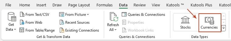 展示如何在 Excel 中访问“转换为货币对”功能的截图