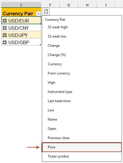 在 Excel 中为货币转换添加“价格”列的截图