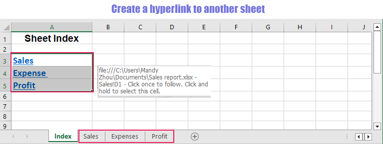 展示如何在 Excel 中创建指向另一工作表的超链接的截图