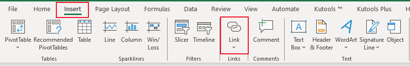 展示 Excel 中“插入”选项卡和“链接”选项的截图
