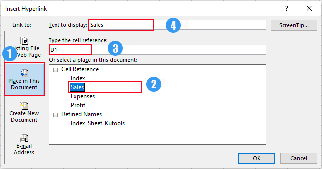 展示 Excel 中“插入超链接”对话框并已选中“本文档中的位置”选项的截图
