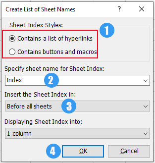展示“创建工作表名称列表”对话框并已选择超链接选项的截图