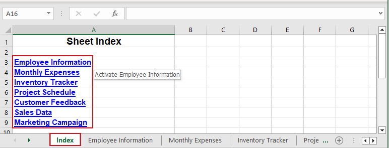 展示在 Kutools for Excel 中创建的包含指向各工作表超链接的索引工作表的截图