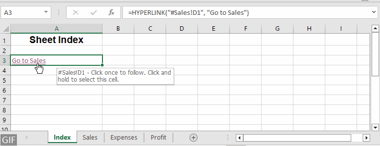 展示点击索引工作表 A3 单元格中的 HYPERLINK 函数链接“Sales data”后跳转至 Sales 工作表 D1 单元格的动图