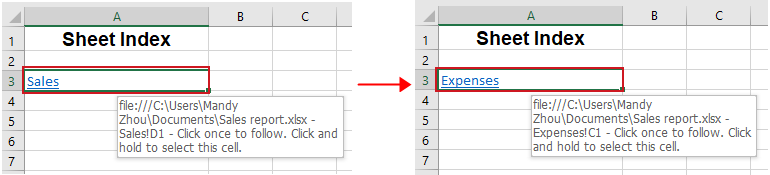展示 Excel 中已修改的超链接,其链接文本和目标位置均已更新的截图
