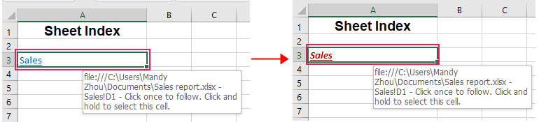 展示 Excel 中已修改的超链接格式的截图