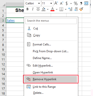 展示 Excel 中“删除超链接”选项的截图