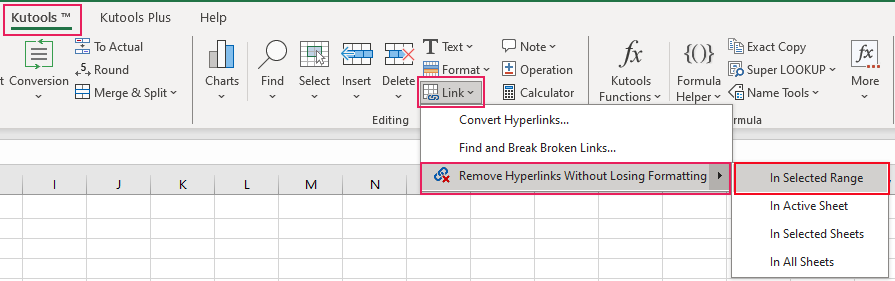 Kutools for Excel 的“删除超链接但保留格式”功能的截图