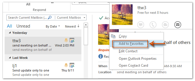 在 Outlook 2013 阅读邮件时添加联系人到收藏夹步骤的截图