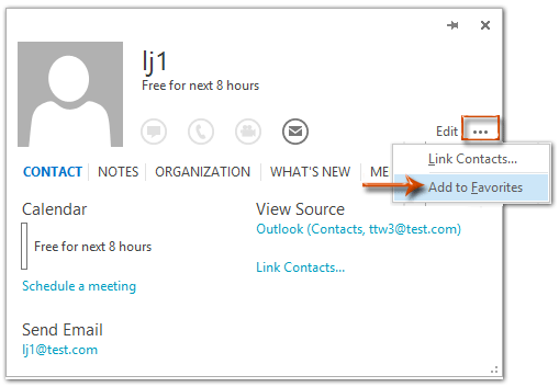 在 Outlook 2013 的联系人卡片中添加联系人到收藏夹步骤的截图