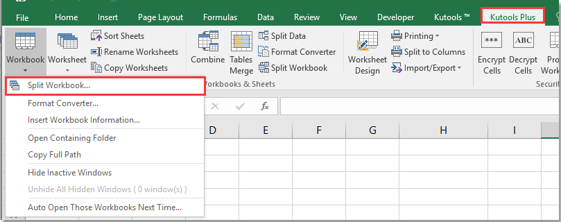 显示 Excel 中 Kutools 选项卡内的“拆分工作簿”功能的截图