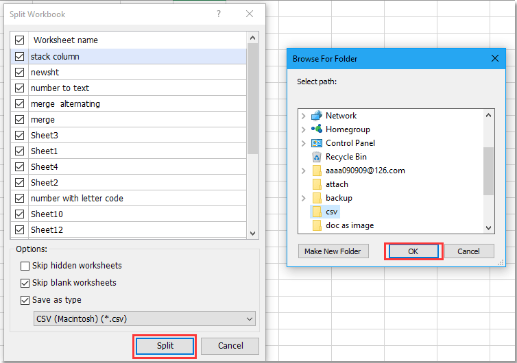 “浏览文件夹”对话框的截图，用于选择 CSV 文件的目标位置