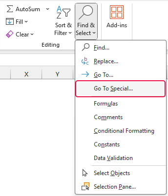 单击“开始”>“查找和选择”>“转到特殊位置”