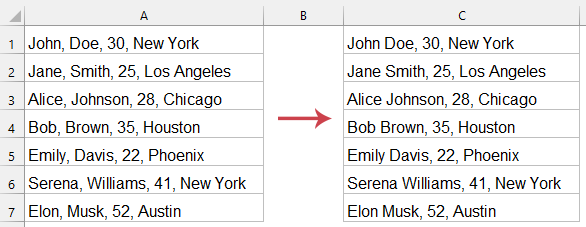 Excel 中包含逗号的文本字符串截图，需要通过删除第一个逗号进行修改