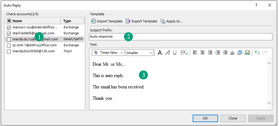 Kutools for Outlook 的自动回复功能