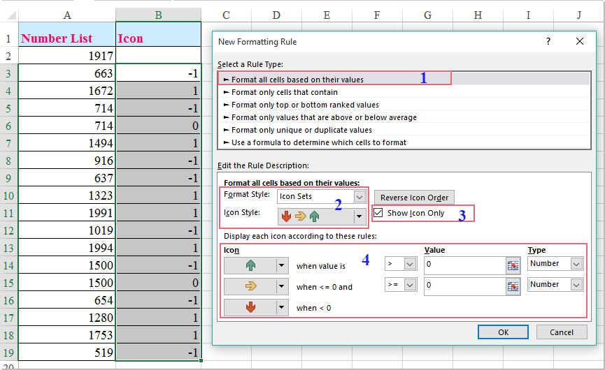 Excel 中用于通过图标集比较行的“新建格式规则”对话框截图