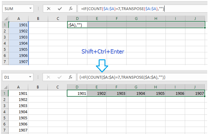 展示在 Excel 中结合使用 IF 和转置函数的截图