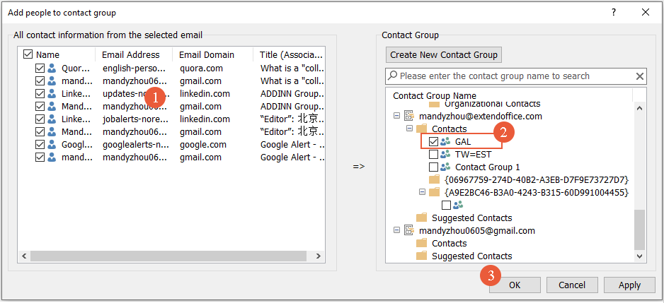 “将人员添加到联系人组”对话框截图