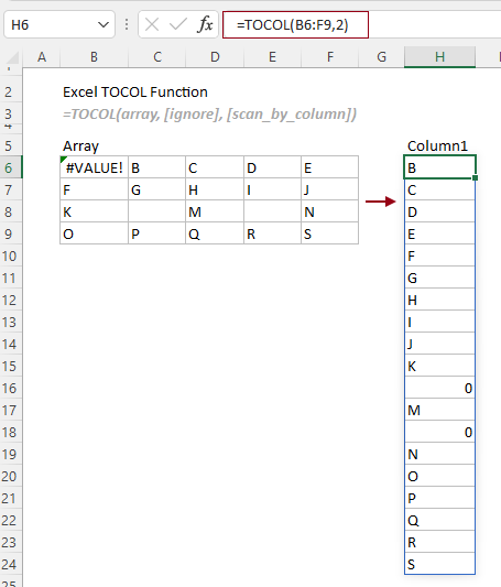 展示 TOCOL 函数的用法