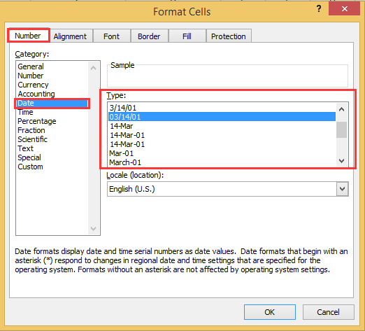 “设置单元格格式”对话框截图,已选中日期类别