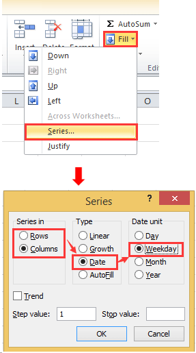 “序列”对话框截图,已选择列、日期和工作日选项