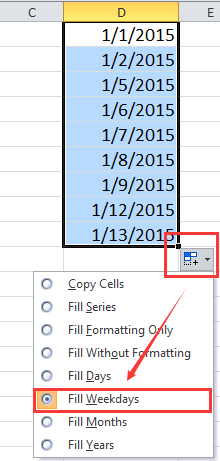 Excel 中用于选择日期填充选项的“填充选项”截图