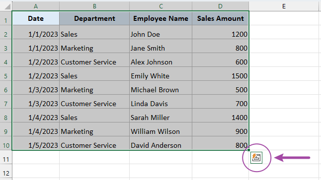 单击所选区域右下角的“快速分析”按钮