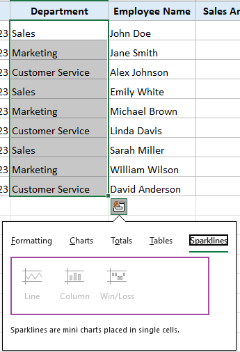 对于文本数据，“迷你图”下的选项将变为灰色