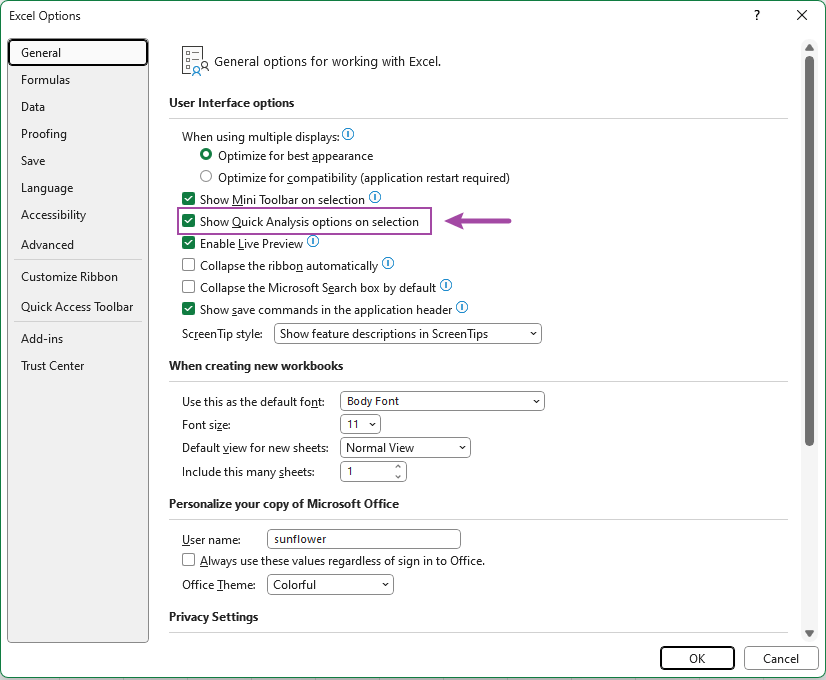 勾选“选择内容时显示快速分析选项”以启用快速分析工具