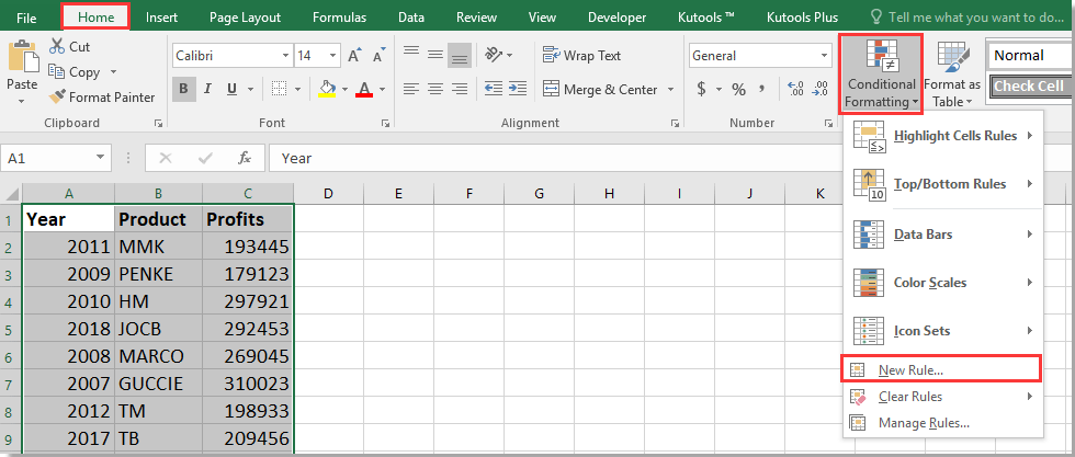 Excel 中“条件格式”菜单的截图