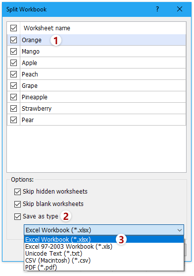 在“拆分工作簿”对话框中设置选项
