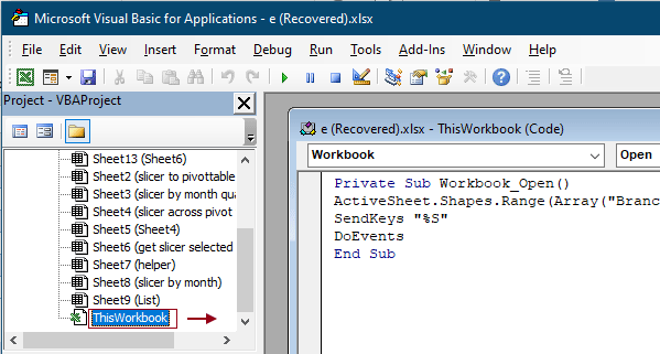 将代码复制并粘贴到 ThisWorkbook 模块中