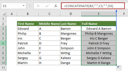 显示 Excel CONCATENATE 函数的用法