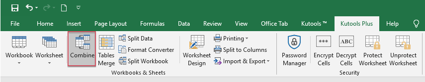 Excel 中 Kutools Plus 下的“合并”选项的截图