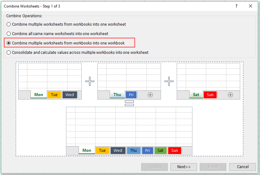 “合并工作表”向导中选择多个工作表进行合并的步骤截图