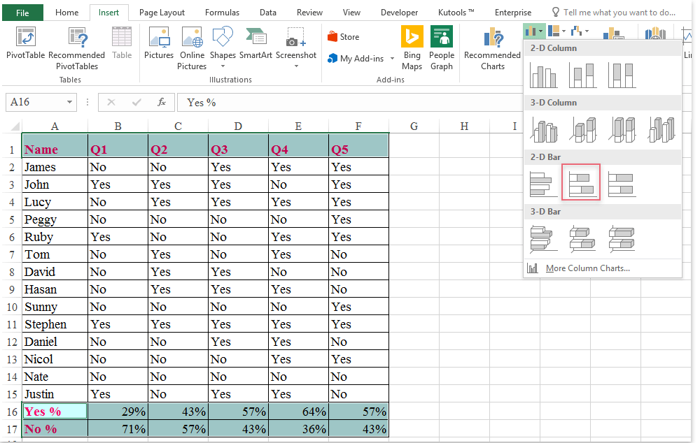 展示如何在 Excel 中插入堆积条形图的截图