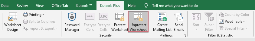 功能区中 Kutools 选项卡下“取消保护工作表”功能的截图