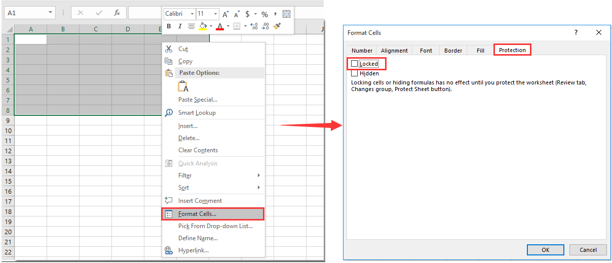 “设置单元格格式”对话框的截图，显示“保护”选项卡下的“锁定”复选框