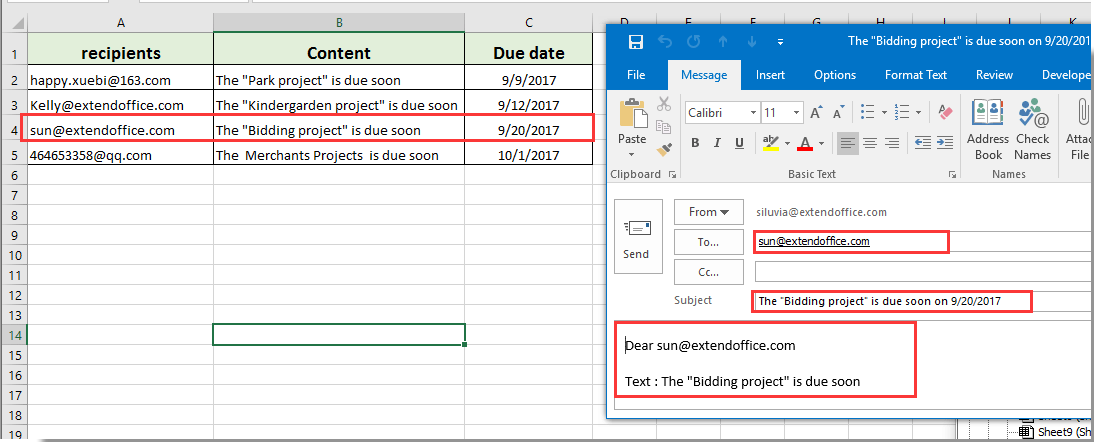 当达到截止日期时,将创建一封包含指定收件人、主题和正文的电子邮件